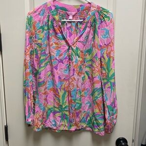 Lily Pulitzer Elsa silk floral top in pinks, greens,  turquoise & purple. Size S